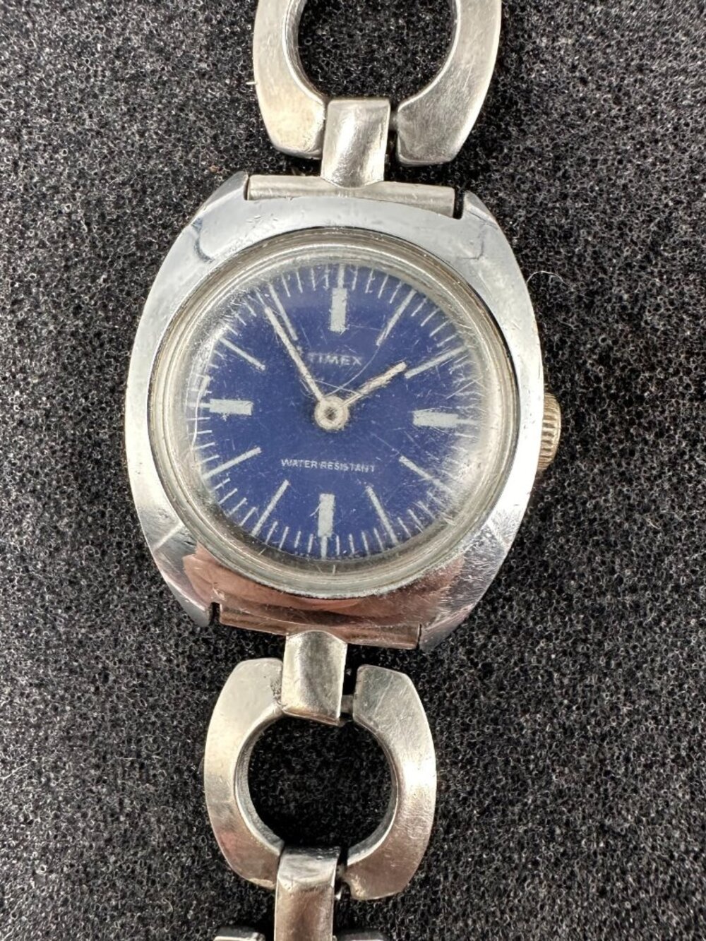 Vintage Timex Watch Manual Wind Womens Blue Dial Silver Tone Open Link Band